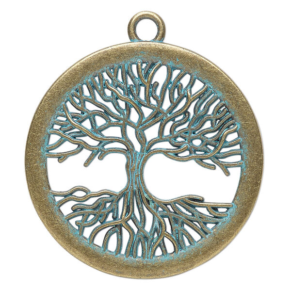 Focal, antique brass-finished "pewter" (zinc-based alloy), green patina, 42mm single-sided round with cutout tree. Sold per pkg of 2. image number 0