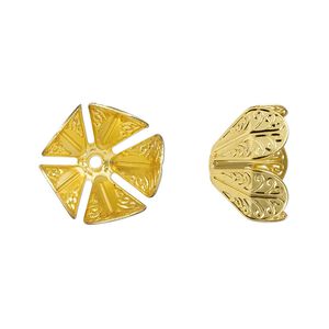 Bead cap, gold-finished copper, 16x10.5mm leaves, fits 12-16mm round bead. Sold per pkg of 10.