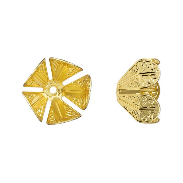 Bead cap, gold-finished copper, 16x10.5mm leaves, fits 12-16mm round bead. Sold per pkg of 10. image number 0