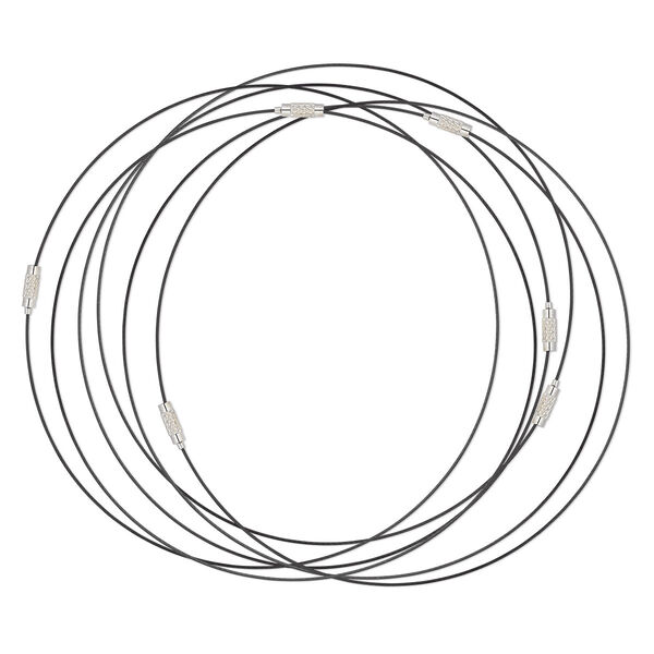 Necklace, vinyl-coated stainless steel and imitation rhodium-plated steel, black, 1mm round, 18 inches with barrel clasp. Sold per pkg of 6. image number 0