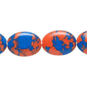 Bead, resin, dark blue and orange, 18x13mm flat oval. Sold per 15" to 16" strand.