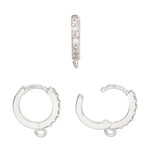 Hoop, silver-finished brass and cubic zirconia, clear, 15mm hoop, 17 gauge. Sold per pair.