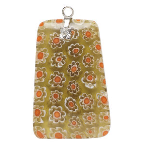 Focal 1pkg1 millefiori glass and silver-finished steel, translucent tan / red / white, 41x26mm-42x28mm trapezoid.