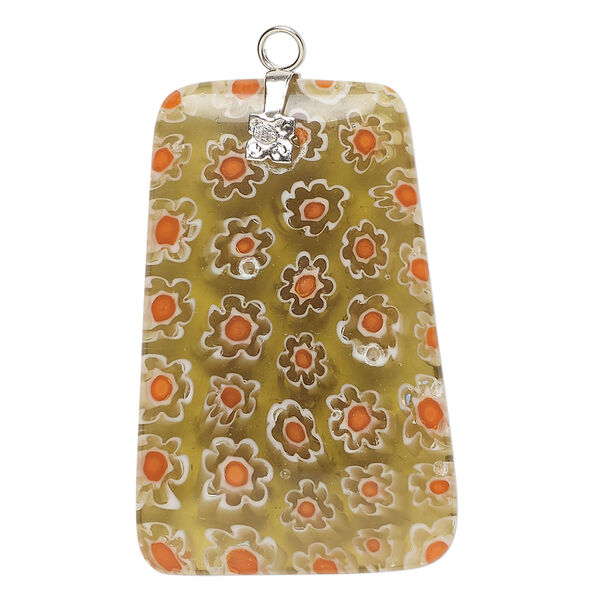 Focal 1pkg1 millefiori glass and silver-finished steel, translucent tan / red / white, 41x26mm-42x28mm trapezoid. image number 0