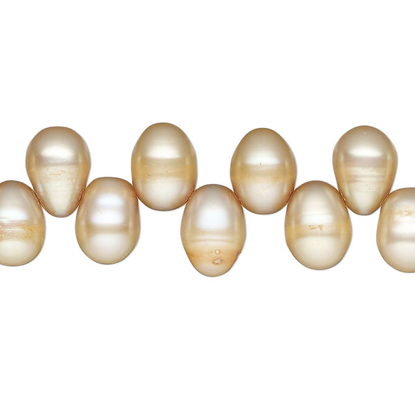 Pearl, cultured freshwater pearl (dyed), soft gold,8x6mm-11x7mm top-drilled teardrop , C- grade, Mohs hardness 2-1/2 to 4. Sold per 15" strand, approximately 75 beads. image number 0