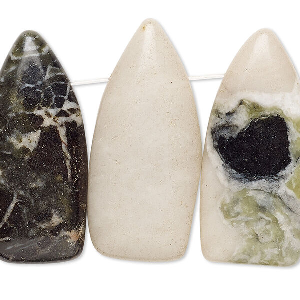 Focal, green Earth "jasper" (serpentine) (natural), dark, 32x12mm-36x15mm flat shield with flat back, B- grade, Mohs hardness 2-1/2 to 6. Sold per pkg of 4. image number 0