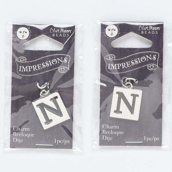 Drop, silver-finished "pewter" (zinc-based alloy) and steel, 16x15mm square with cutout "N." Sold per pkg of 2. image number 0