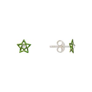Earstud, Create Compliments®, enamel and sterling silver, green, 6mm star. Sold per pair.
