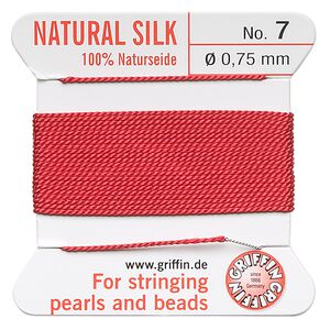 Thread, Griffin, silk, red, size #7. Sold per 2-meter card (approximately 78 inches).
