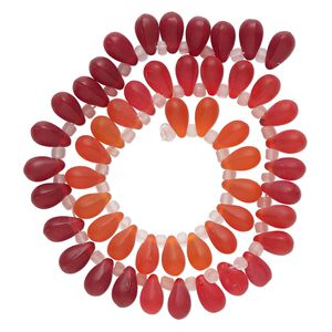 Bead, glass, translucent matte red, dark red and orange, 11x7mm top-drilled teardrop with irregular rondelles. Sold per 14-inch strand.