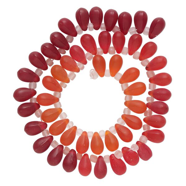 Bead, glass, translucent matte red, dark red and orange, 11x7mm top-drilled teardrop with irregular rondelles. Sold per 14-inch strand. image number 0