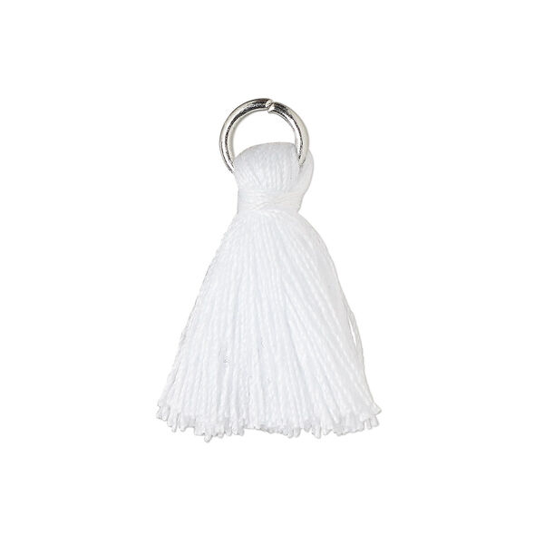 Tassel, cotton and imitation rhodium-finished steel, white, 20-24mm mini tassel with 6mm open jump ring. Sold per pkg of 6. image number 0