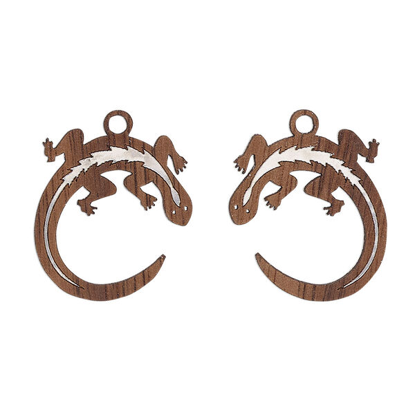 Drop, black walnut (natural) and aluminum foil, 22.5x20mm single-sided laser-cut left- and right-facing lizard. Sold per pkg of 2. image number 0