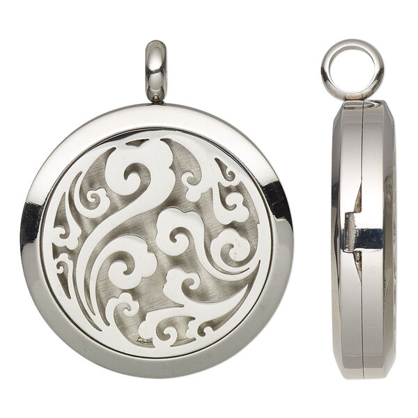 Pendant, Everyday Jewelry, stainless steel, 37x30mm hinged round locket with single-sided cutout swirl and magnetic closure. Sold individually. image number 0