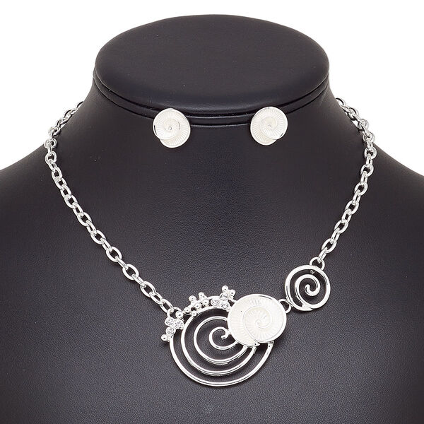 Necklace and earring set, enamel / glass rhinestone / silver-finished brass / steel, white and clear, 46x39mm swirls, 15" to 16" necklace with 2-inch extender chain and lobster claw clasp, 14mm swirl with post. Sold per set. image number 0