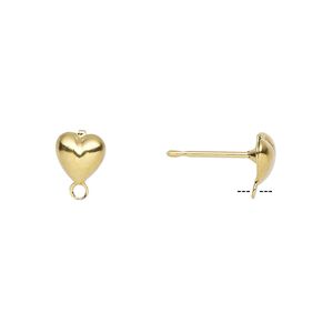 Earstud 1pkg100 gold-plated, 6mm fancy heart / hollow / closed loop, brass / stainless steel 50 pair