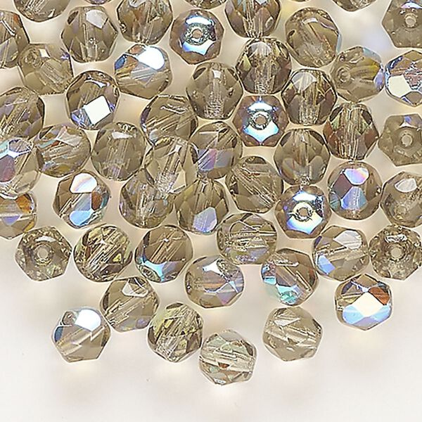 Bead, Czech fire-polished glass, transparent light olivine AB, 6mm faceted round. Sold per pkg of 100. image number 0