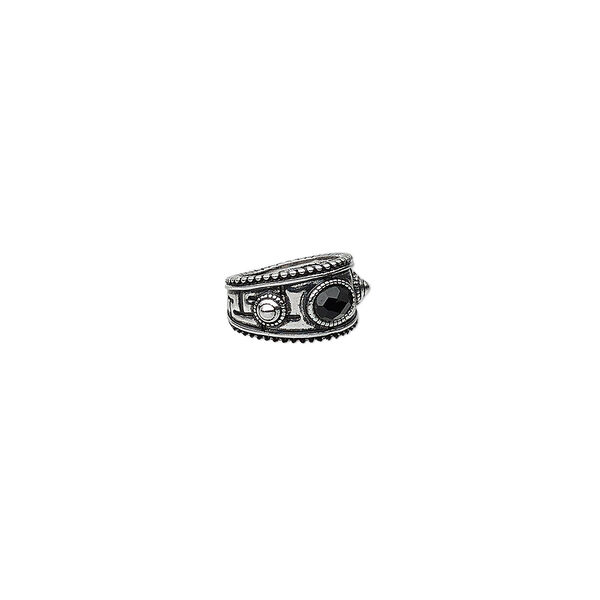 Ring, glass rhinestone and antique silver-finished "pewter" (zinc-based alloy), black, 14mm wide beaded round with oval and lines design, size 7-1/2. Sold individually. image number 0