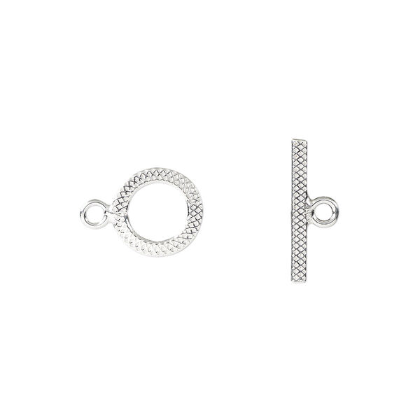 Clasp, toggle, sterling silver, 10mm flat textured round. Sold per pkg of 2. image number 0