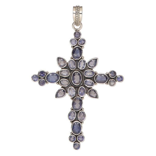 Pendant, iolite (natural) and antiqued sterling silver, 3x2-inch cross. Sold individually. image number 0