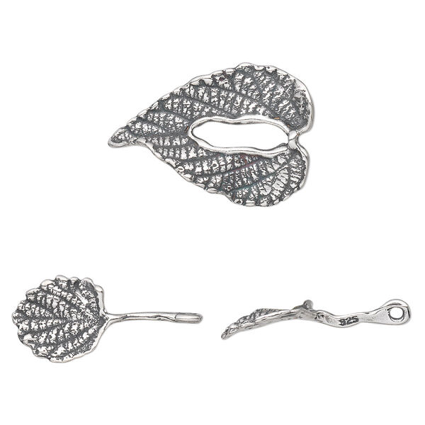 Clasp, toggle, antiqued sterling silver, 22x15mm textured double leaf. Sold individually. image number 0