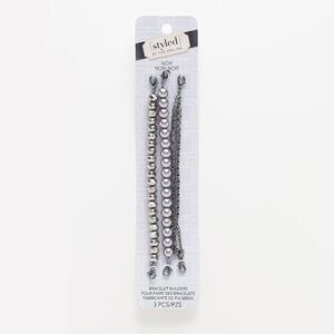 Bracelet component, glass / glass pearl / gunmetal-finished steel / "pewter" (zinc-based alloy), metallic silver, 8mm wide 3-strand / 8mm round / 8x6mm faceted rondelle, 6 inches with lobster claw clasp. Sold per pkg of 3.