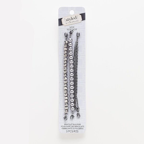 Bracelet component, glass / glass pearl / gunmetal-finished steel / "pewter" (zinc-based alloy), metallic silver, 8mm wide 3-strand / 8mm round / 8x6mm faceted rondelle, 6 inches with lobster claw clasp. Sold per pkg of 3. image number 0