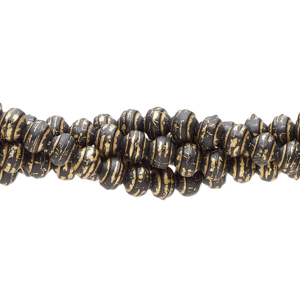Bead, painted glass, pkg/(4) 7 inches, 5x4mm rondelle, opaque black and metallic golden. image number 0