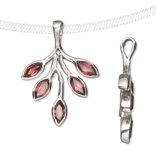 Pendant, garnet (natural) and sterling silver, 26x23mm with faceted marquise. Sold individually. image number 0