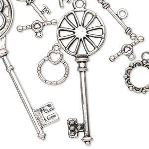 Clasp / charm mix toggle 1pkg10 "pewter" (zinc alloy), 14.5-59x55mm key / heart, antique silver-finished 1-strand
