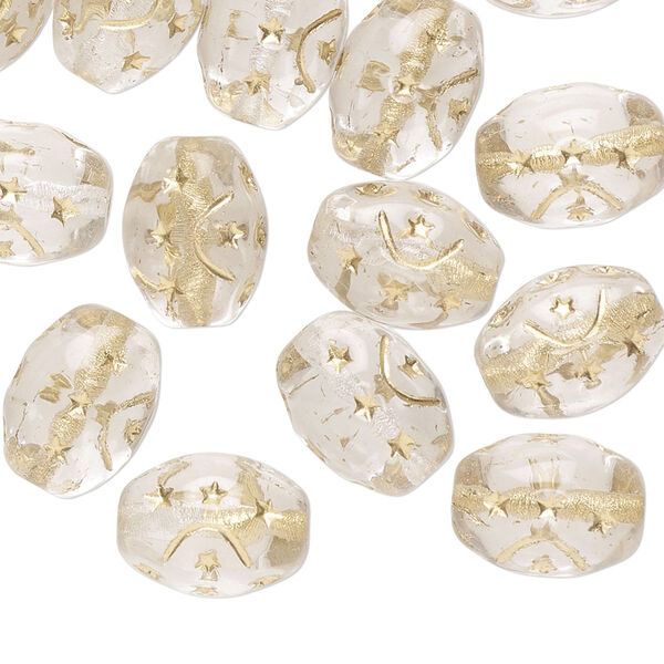 Bead, Preciosa, Czech pressed glass, clear, 12x9mm barrel with gold painted moon and stars. Sold per pkg of 16. image number 0