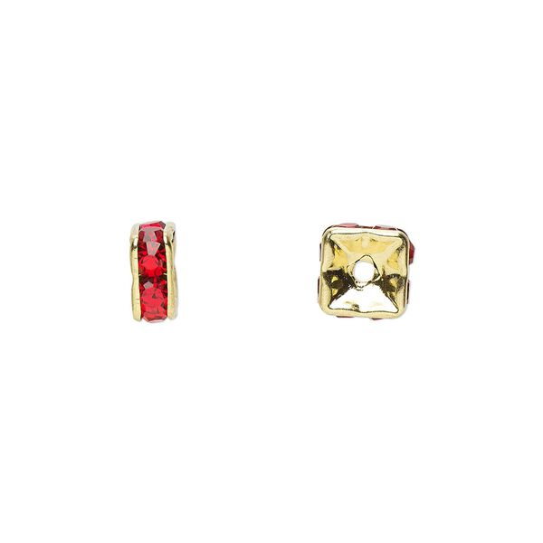 Bead, glass rhinestone and gold-finished brass, red, 6x3mm squaredelle. Sold per pkg of 10. image number 0