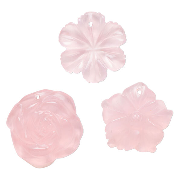 Drop mix, glass, translucent pink, 23x20mm-26x25mm top-drilled carved flower. Sold per pkg of 3. image number 0