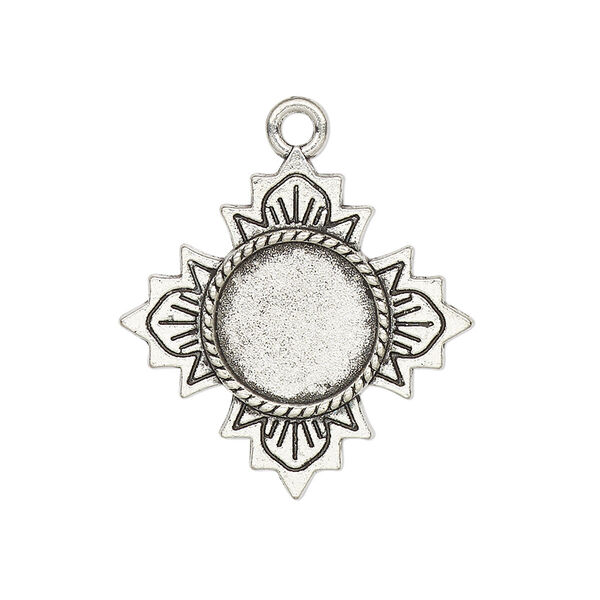 Drop, glue-in, antique silver-finished "pewter" (zinc-based alloy), 26mm single-sided flower with 12mm round setting. Sold per pkg of 2. image number 0