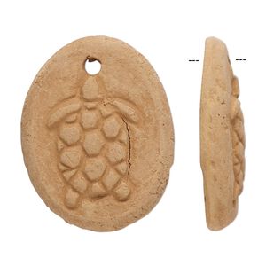 Focal, terra cotta, 31x25mm-33x27mm single-sided flat oval with turtle design, Sold per pkg of 2.