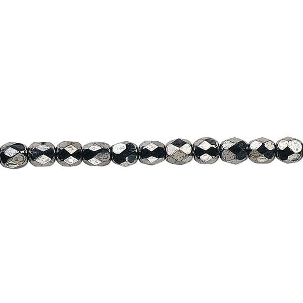 Bead, Czech fire-polished glass, opaque hematite, 4mm faceted round. Sold per 15-1/2" to 16" strand, approximately 100 beads. image number 0