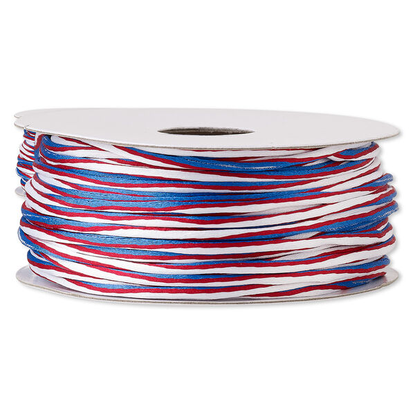 Cord, Satinique™, nylon, red / white / blue, 2mm regular with vertical stripe. Sold per 100-foot spool. image number 0