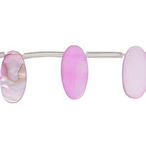 Bead, mother-of-pearl shell (dyed), pink, 15x6mm-16x7mm top-drilled flat oval, Mohs hardness 3-1/2. Sold per 15-inch strand, approximately 25 beads.