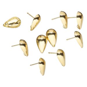 Earstud 1pkg10 gold-plated, 14x8.5mm half-dome teardrop / hidden open loop, brass 5 pair