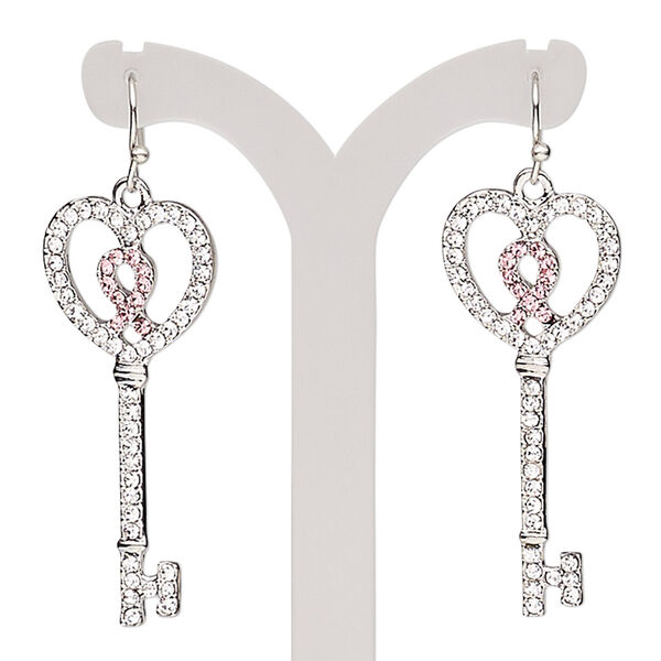 Earring, glass rhinestone with imitation rhodium-plated brass and "pewter" (zinc-based alloy), clear and pink, 2 inches with key and fishhook ear wire. Sold per pair. image number 0