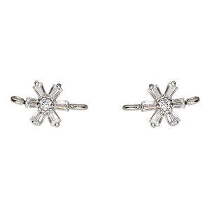 Link, silver-plated brass and cubic zirconia, clear, 7mm flower. Sold per pkg of 2.
