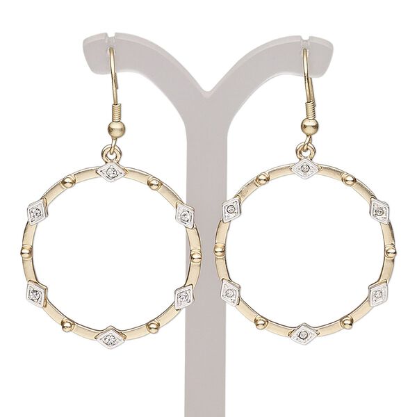 Earring, glass rhinestone / gold-finished steel / silver-plated / gold-finished brass, clear, 2 inches with matte round hoop and fishhook ear wire. Sold per pair. image number 0