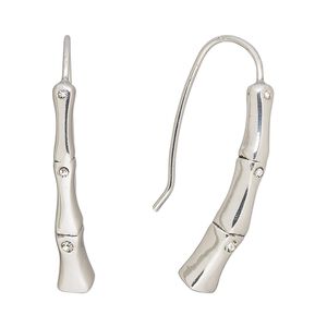 Earring, Create Compliments®, cubic zirconia and antiqued fine silver, electroformed, clear, 28mm bamboo with fishhook ear wire, 19 gauge. Sold per pair.