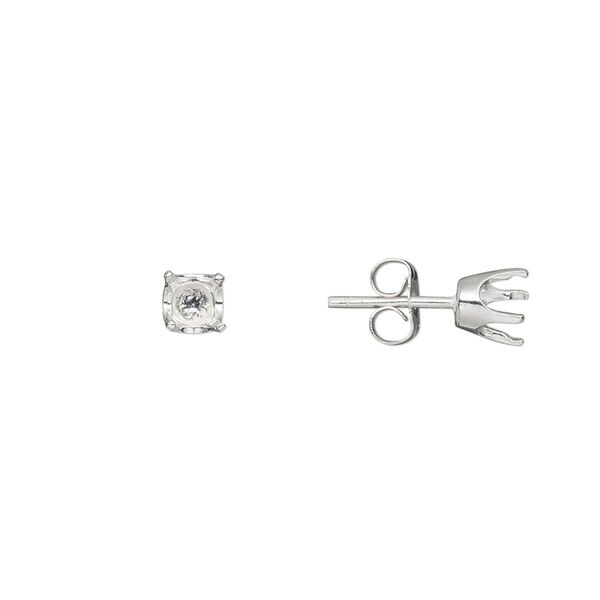 Earstud, Sure-Set™, sterling silver, 5mm 4-prong round setting. Sold per pair. image number 0