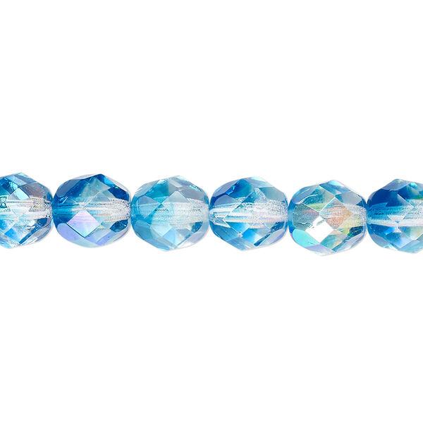 Bead, Czech fire-polished glass, two-tone, crystal / aqua AB, 8mm faceted round. Sold per pkg of 1/2 mass. image number 0