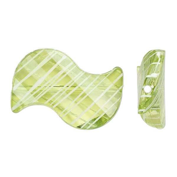 Bead, acrylic, semitransparent green and white, 35x23mm S-shape with painted line design. Sold per pkg of 24. image number 0