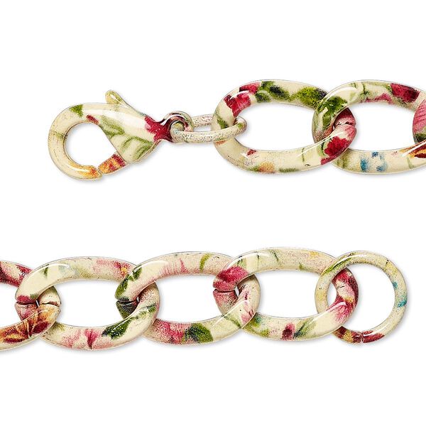 Chain, painted steel, multicolored, 15x9.5mm twisted curb with flower pattern, 18 inches with lobster claw clasp. Sold individually. image number 0