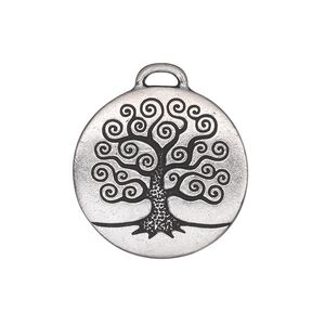 Drop, TierraCast®, antique silver-plated pewter (tin-based alloy), 23.5mm double-sided flat round with tree of life. Sold per pkg of 2.