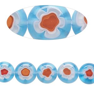 Bead, millefiori glass, translucent light blue / red / white, 9-10mm puffed flat round. Sold per 14-inch strand.