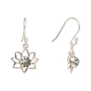 Earring, Create Compliments®, antiqued sterling silver and labradorite (natural), fishhook, 26mm with 14.5x12mm single-sided open lotus, 21 gauge. Sold per pair.